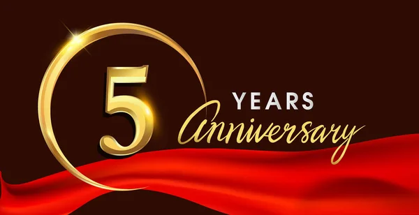 赤いリボン エレガントな背景 誕生日のお祝い グリーティング カードと招待状のベクター デザインの黄金のリングが付いて 年周年記念ロゴ — ストックベクタ