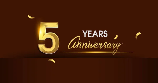 5 years anniversary celebration logotype. anniversary logo with golden color and gold confetti on dark background, vector design for celebration, invitation card, and greeting card