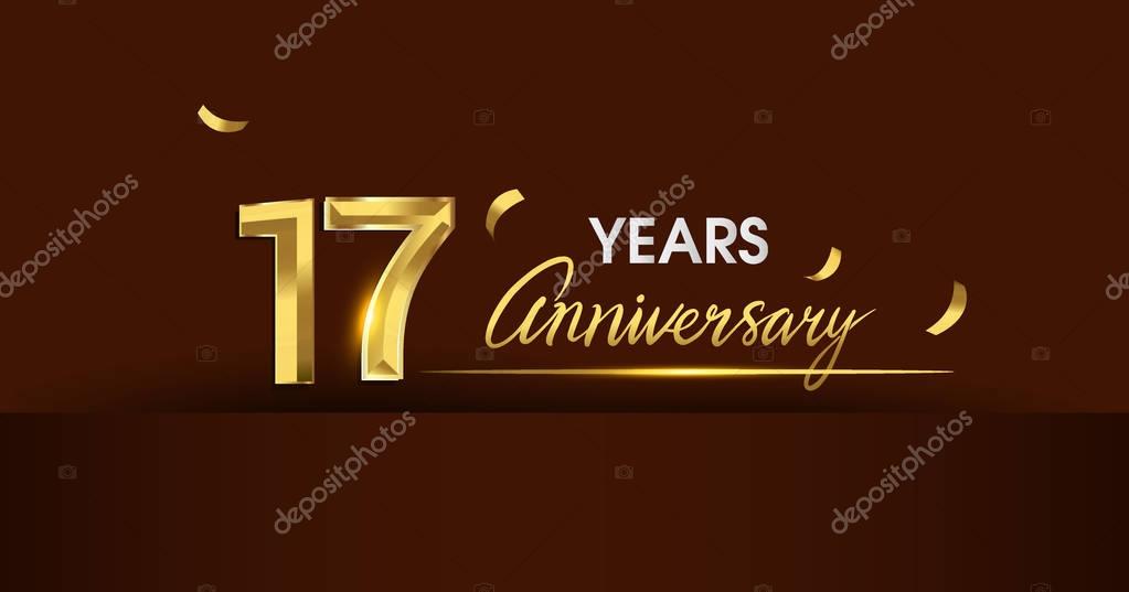 17 years anniversary celebration logotype. anniversary logo with golden color and gold confetti on dark background, vector design for celebration, invitation card, and greeting card