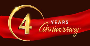 4 yıl yıldönümü logo ile kırmızı kurdele zarif zemin, vektör tasarımı doğum günü kutlama, tebrik kartı ve davetiye üzerine altın yüzük