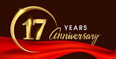 17 yıl yıldönümü logo ile kırmızı kurdele zarif zemin, vektör tasarımı doğum günü kutlama, tebrik kartı ve davetiye üzerine altın yüzük