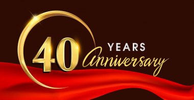 40 yıl yıldönümü logo ile kırmızı kurdele zarif zemin, vektör tasarımı doğum günü kutlama, tebrik kartı ve davetiye üzerine altın yüzük