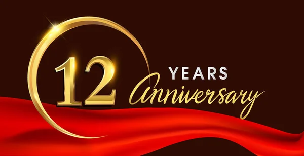 12周年纪念标识与金黄圆环在红色丝带典雅的背景 矢量设计为生日庆祝 贺卡并且邀请卡片 — 图库矢量图片