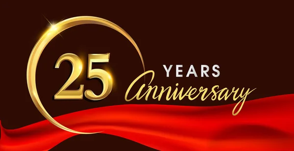 Logo Anniversario Anni Con Anello Oro Nastro Rosso Elegante Sfondo — Vettoriale Stock