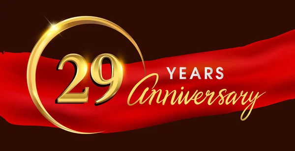 Anos Logotipo Aniversário Com Anel Dourado Fundo Elegante Fita Vermelha —  Vetores de Stock