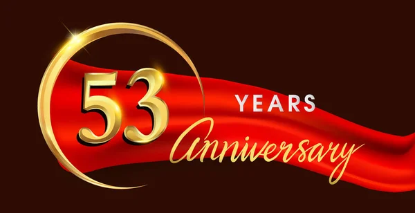53周年纪念标识与金黄圆环在红色丝带典雅的背景 矢量设计为生日庆祝 贺卡并且邀请卡片 — 图库矢量图片