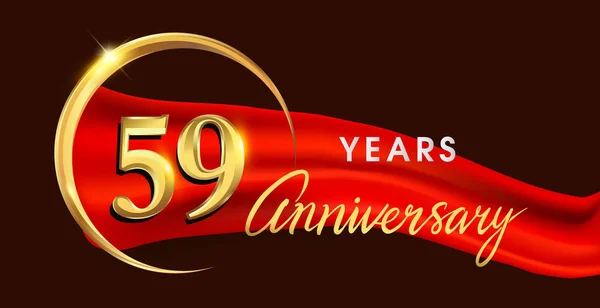 Logotipo Aniversário Anos Com Anel Dourado Fundo Elegante Fita Vermelha —  Vetores de Stock