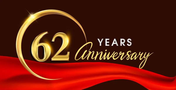 Logotipo Aniversário Anos Com Anel Dourado Fundo Elegante Fita Vermelha — Vetor de Stock