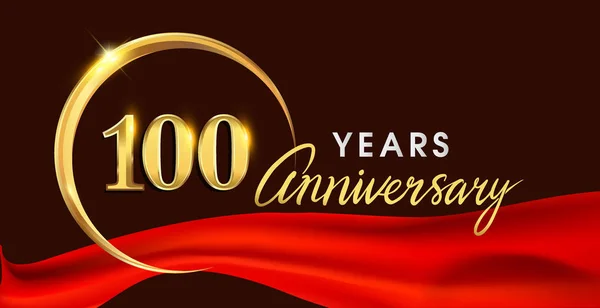 100 Años Logotipo Aniversario Con Anillo Oro Cinta Roja Fondo — Vector de stock