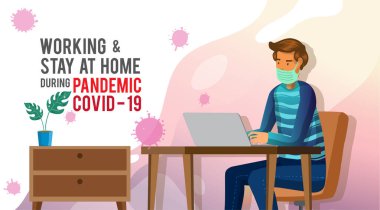 Corona virüsünü, pandemik koronayı, evde çalışmayı engelleyen bir adam. Vektör illüstrasyonu.