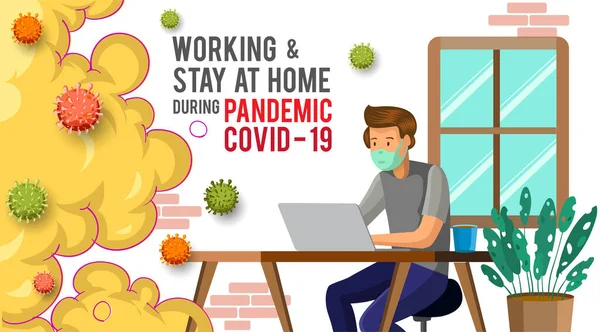 Homem Que Trabalha Casa Prevenir Vírus Coroa Pandemia Coroa Trabalha —  Vetores de Stock