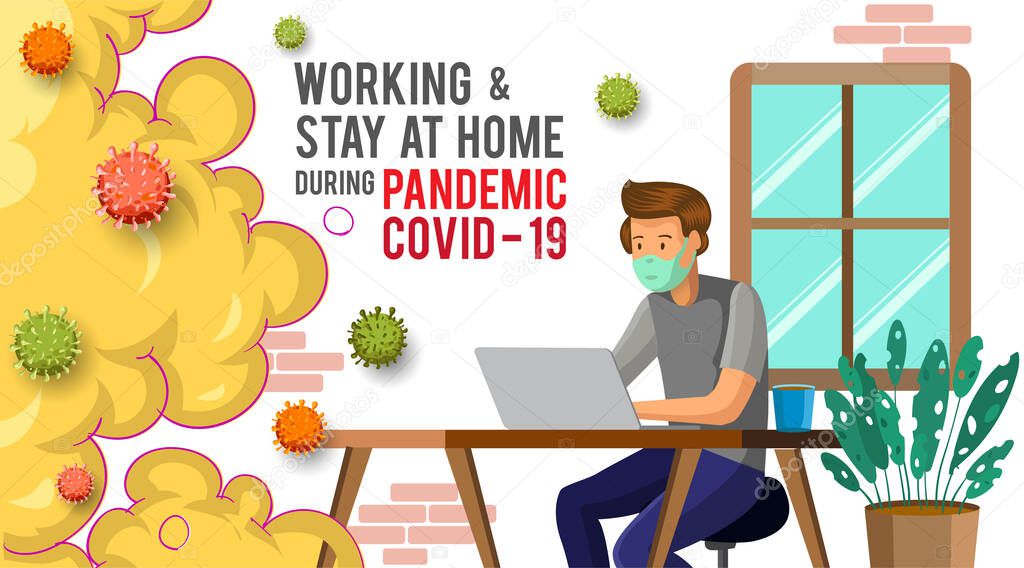 a man working from home preventing from corona virus, pandemic corona, work from home. Vector illustration.