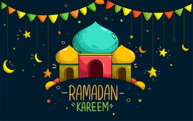 Ramazan 'da renkli ve karalamalı tebrik kartı için camii çizilmiş. Vektör İllüstrasyonu