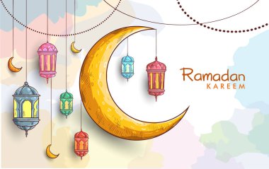 Ramazan tebrik kartı ve suluboya arkaplan için el çizimi fener çizimi. Vektör İllüstrasyonu