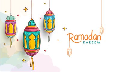 Ramazan tebrik kartı ve suluboya arkaplan için el çizimi fener çizimi. Vektör İllüstrasyonu