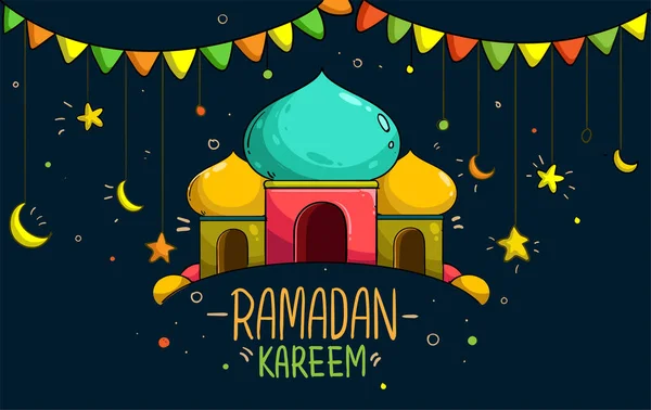 Hand Dras Moskén För Ramadan Gratulationskort Med Färgglada Och Klotter — Stockfoto