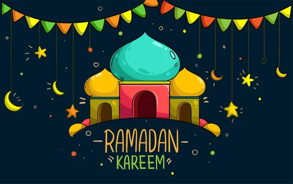 Hand drawn of mosque for ramadan greetings card with colorful and doodle Background. Vector Illustration