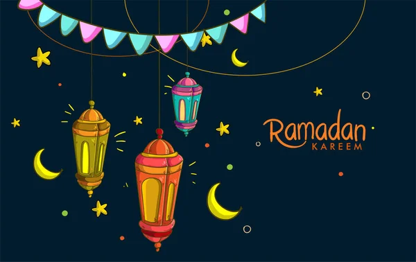 Hand Dras Lykta Och Halvmåne För Ramadan Gratulationskort Med Färgglada — Stockfoto