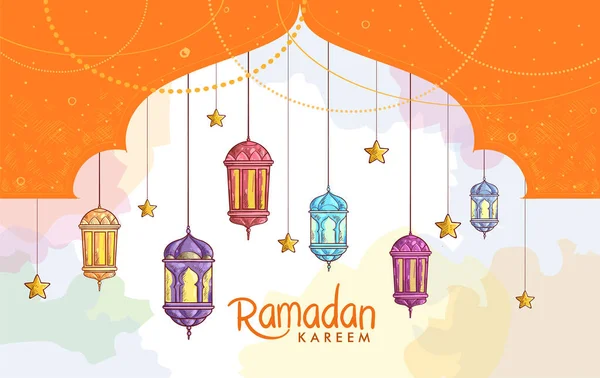 Schizzo Disegnato Mano Lanterna Biglietto Auguri Ramadan Con Sfondo Acquerello — Foto Stock