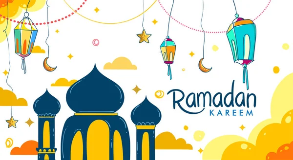 Hand Drawn Lantern Crescent Ramadan Greetings Card Colorful Doodle Background — Stock Photo, Image