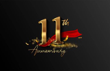 Kırmızı kurdele ve altın konfetili 11. yıldönümü logosu zarif arka plan, ışıltı, tebrik kartı ve davetiye kartı için vektör tasarımı