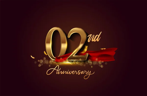 2nd anniversary logo with red ribbon and golden confetti isolated on elegant background, sparkle, vector design for greeting card and invitation card.