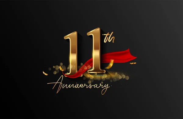 11Th Anniversary Logo Red Ribbon Golden Confetti Isolated Elegant Background — Stock Photo, Image