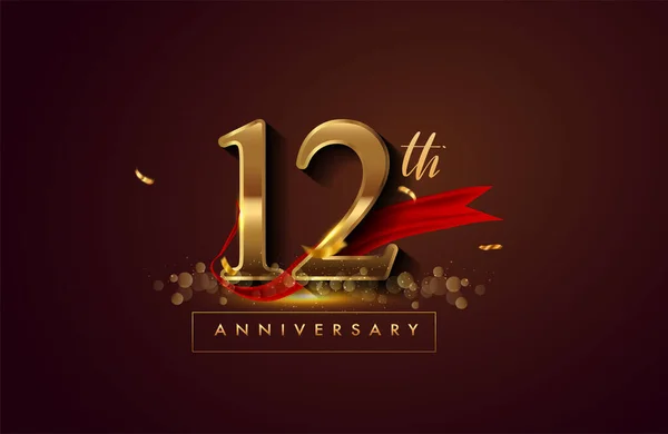 12Th Výročí Logo Červenou Stuhou Zlatými Konfety Izolované Elegantním Pozadí — Stock fotografie