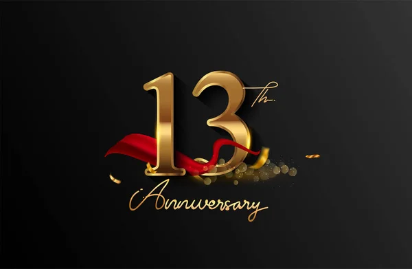 13Th Anniversary Logo Red Ribbon Golden Confetti Isolated Elegant Background — Stock Photo, Image