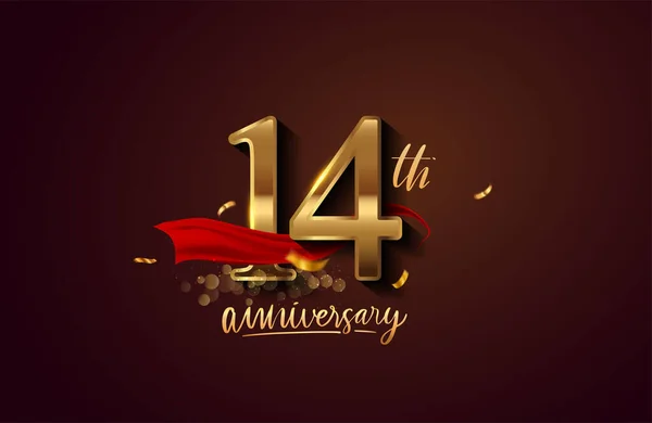 14th anniversary logo with red ribbon and golden confetti isolated on elegant background, sparkle, vector design for greeting card and invitation card