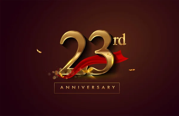 Logo Aniversario Con Cinta Roja Confeti Dorado Aislado Sobre Fondo —  Fotos de Stock