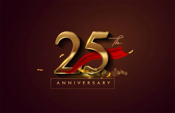 Logo Anniversario Con Nastro Rosso Coriandoli Dorati Isolati Sfondo Elegante — Foto Stock