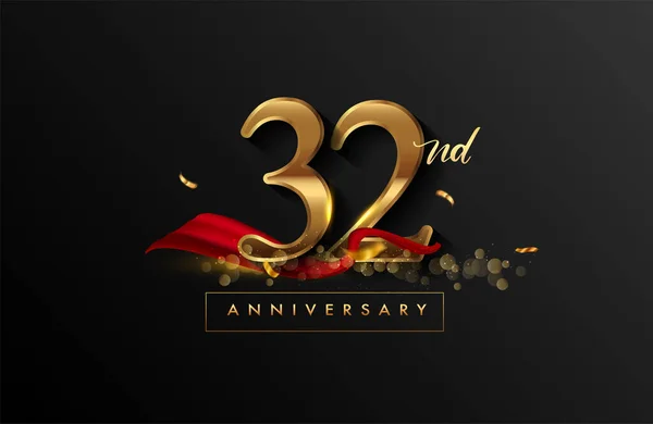 32Nd Anniversary Logo Red Ribbon Golden Confetti Isolated Elegant Background — Stock Photo, Image