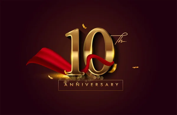 Logotipo Del 10º Aniversario Con Cinta Roja Confeti Dorado Aislado — Foto de Stock