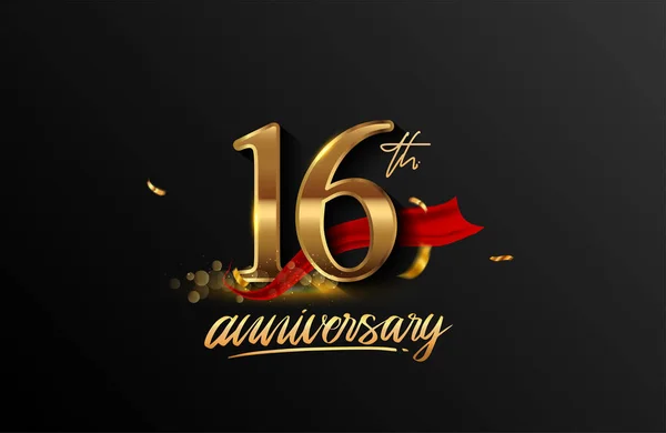 16Th Anniversary Logo Red Ribbon Golden Confetti Isolated Elegant Background — Stock Photo, Image