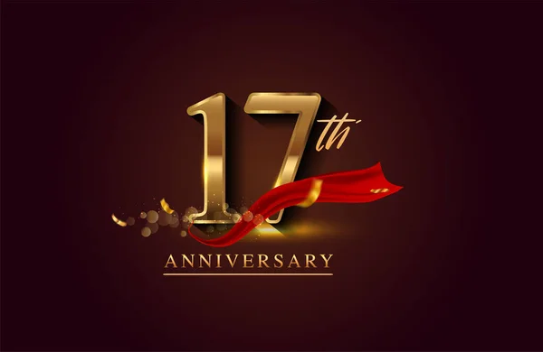 17Th Anniversary Logo Red Ribbon Golden Confetti Isolated Elegant Background — Stock Photo, Image