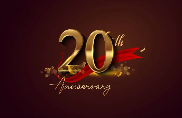 Logotipo Del 20º Aniversario Con Cinta Roja Confeti Dorado Aislado —  Fotos de Stock