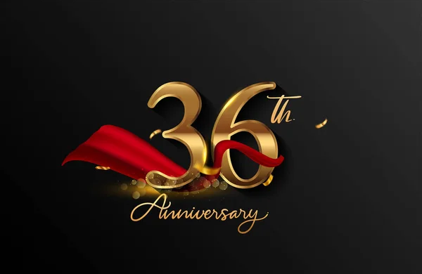 36Th Anniversary Logo Red Ribbon Golden Confetti Isolated Elegant Background — Stock Photo, Image