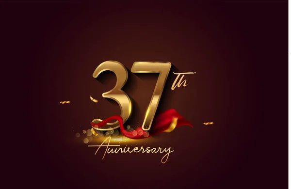 37Th Anniversary Logo Red Ribbon Golden Confetti Isolated Elegant Background — Stock Photo, Image