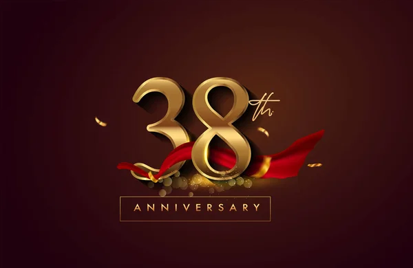 38Th Anniversary Logo Red Ribbon Golden Confetti Isolated Elegant Background — Stock Photo, Image