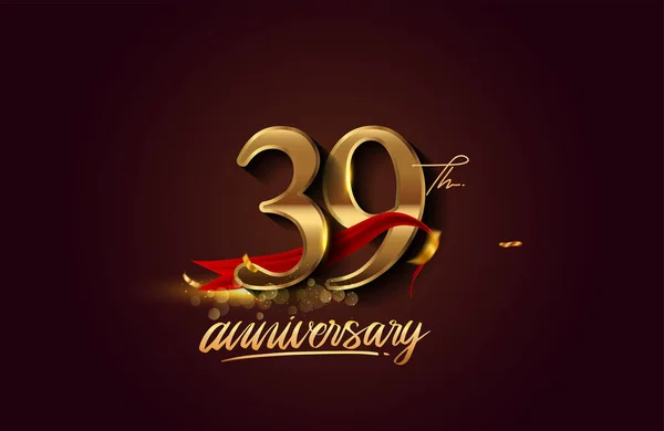 Logotipo Del 39º Aniversario Con Cinta Roja Confeti Dorado Aislado — Foto de Stock