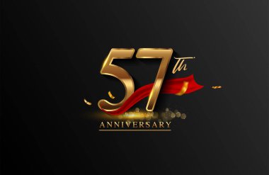 Zarif bir zemin, ışıltı, tebrik kartı ve davetiye kartı için vektör tasarımı üzerinde kırmızı kurdele ve altın konfeti bulunan 57. yıldönümü logosu.