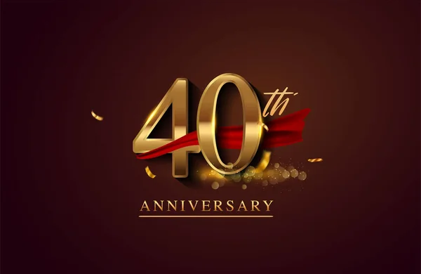 40Th Anniversary Logo Red Ribbon Golden Confetti Isolated Elegant Background — Stock Photo, Image