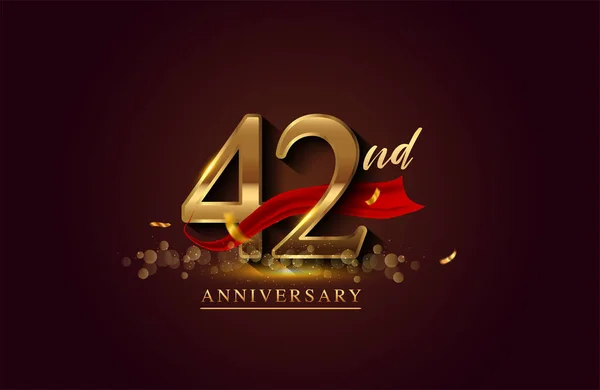 42Nd Anniversary Logo Red Ribbon Golden Confetti Isolated Elegant Background — Stock Photo, Image