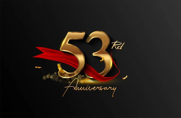 53rd anniversary logo with red ribbon and golden confetti isolated on elegant background, sparkle, vector design for greeting card and invitation card.