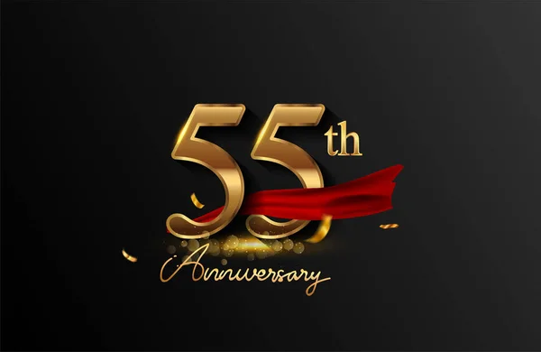 Logo 55E Anniversaire Avec Ruban Rouge Confettis Dorés Isolés Sur — Photo