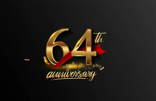 64Esimo Anniversario Logo Con Nastro Rosso Coriandoli Dorati Isolati Sfondo — Foto Stock