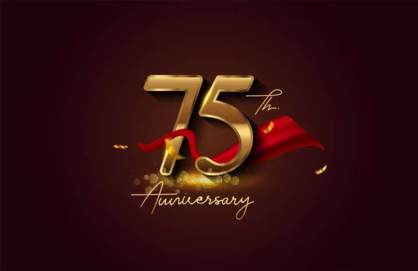 Logo 75Esimo Anniversario Con Nastro Rosso Confetti Dorati Isolati Sfondo — Foto Stock