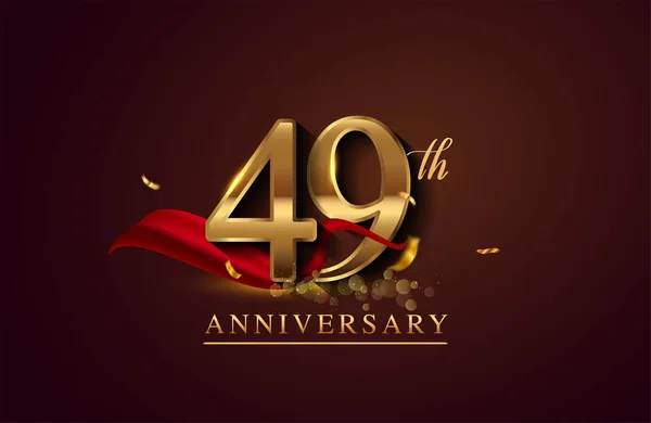 49Th Anniversary Logo Red Ribbon Golden Confetti Isolated Elegant Background — Stock Photo, Image