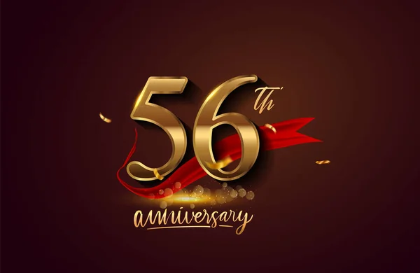 56Ste Verjaardag Logo Met Rood Lint Gouden Confetti Geïsoleerd Elegante — Stockfoto